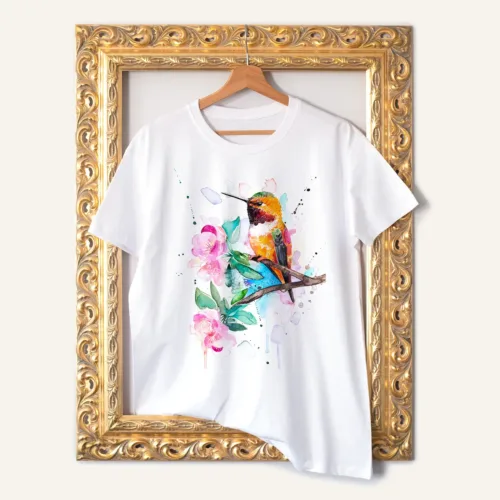 Rufous Hummingbird watercolor painting printed on a white cotton T-shirt by Slaveika Aladjova