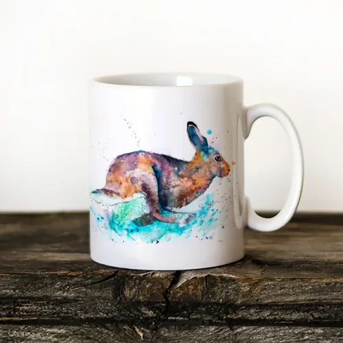 Running Hare watercolor painting printed on an 11 oz ceramic art mug by Slaveika Aladjova