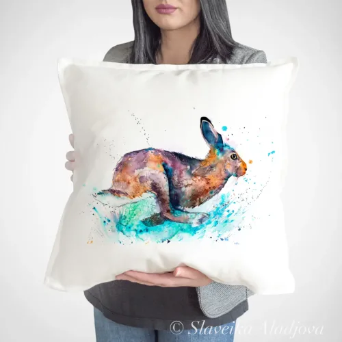 Running Hare watercolor painting printed on a 50 x 50 cm cotton art pillow cover by Slaveika Aladjova