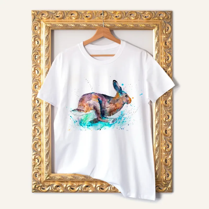 Running Hare watercolor painting printed on a white cotton T-shirt by Slaveika Aladjova