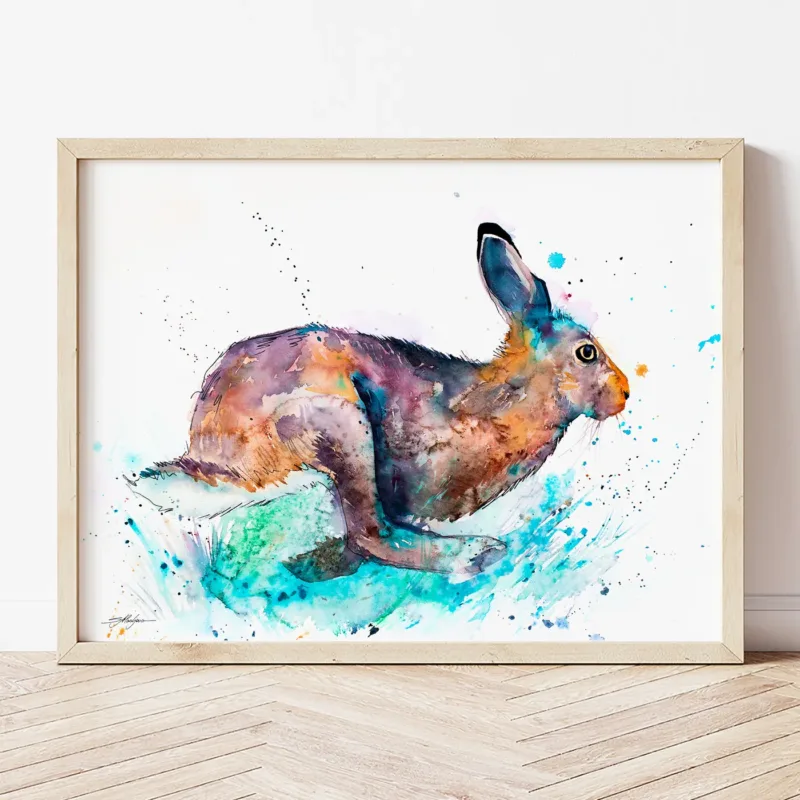 Running Hare watercolor painting the artwork on the T-shirt by Slaveika Aladjova