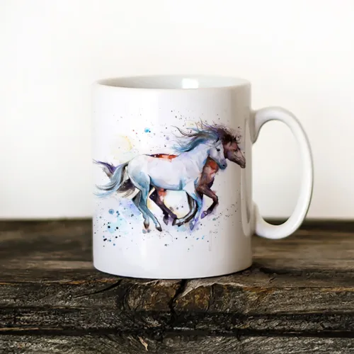 Running Horses watercolor painting printed on an 11 oz ceramic art mug by Slaveika Aladjova