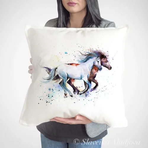 Running Horses Art Pillow Cover, Watercolor Cushion 50 × 50 cm Running Horses watercolor painting printed on a 50 x 50 cm cotton art pillow cover by Slaveika Aladjova
