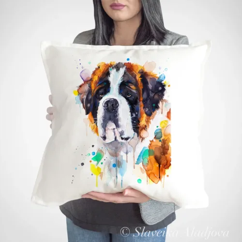 Saint Bernard watercolor painting printed on a 50 x 50 cm cotton art pillow cover by Slaveika Aladjova