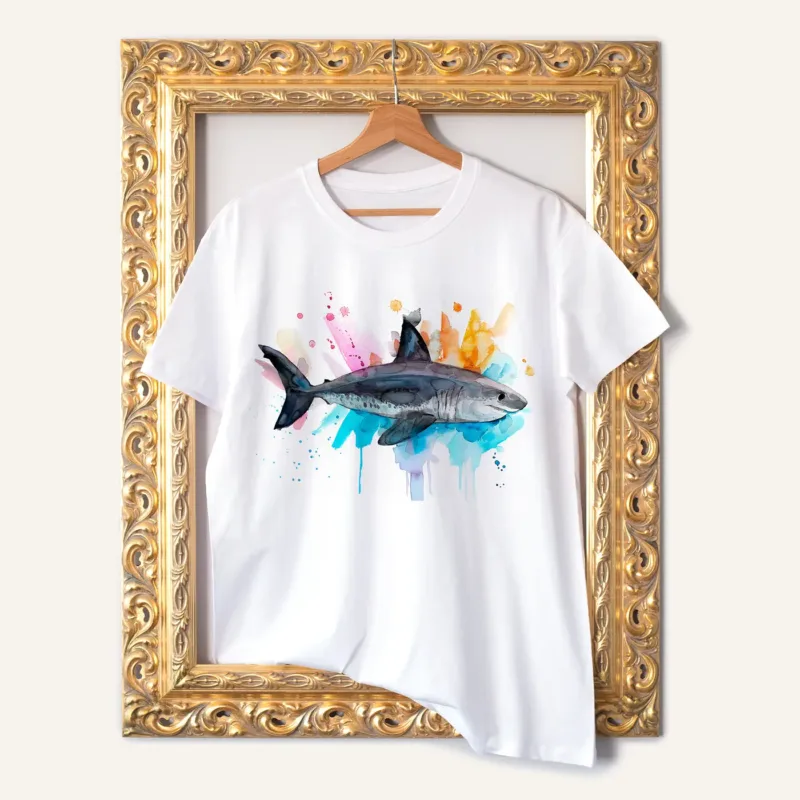 Salmon Shark watercolor painting printed on a white cotton T-shirt by Slaveika Aladjova
