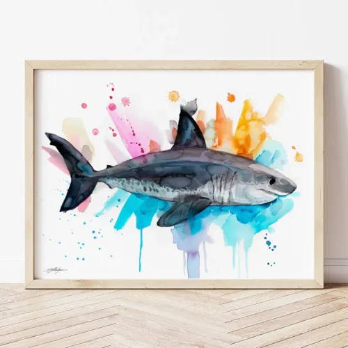 Salmon Shark watercolor painting the artwork on the T-shirt by Slaveika Aladjova