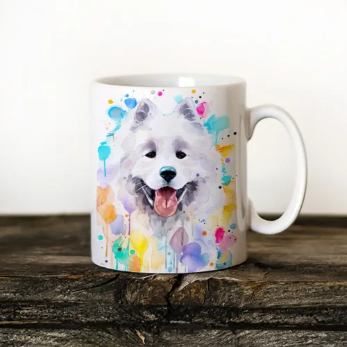 Samoyed watercolor painting printed on an 11 oz ceramic art mug by Slaveika Aladjova