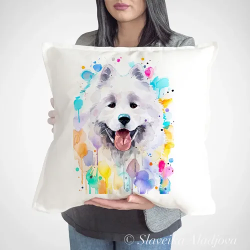 Samoyed watercolor painting printed on a 50 x 50 cm cotton art pillow cover by Slaveika Aladjova