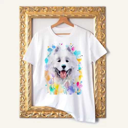 Samoyed watercolor painting printed on a white cotton T-shirt by Slaveika Aladjova