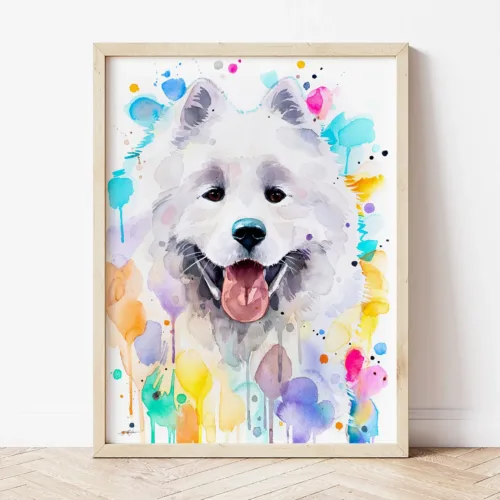 Samoyed watercolor painting the artwork on the T-shirt by Slaveika Aladjova