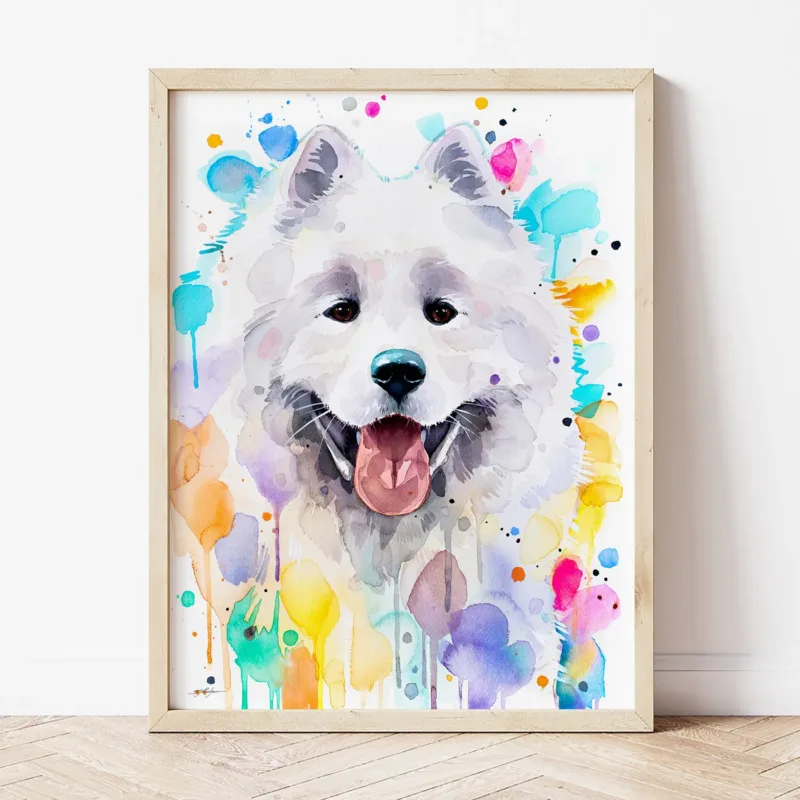 Samoyed watercolor painting the artwork on the T-shirt by Slaveika Aladjova