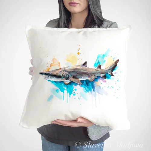 Sand Tiger Shark watercolor painting printed on a 50 x 50 cm cotton art pillow cover by Slaveika Aladjova