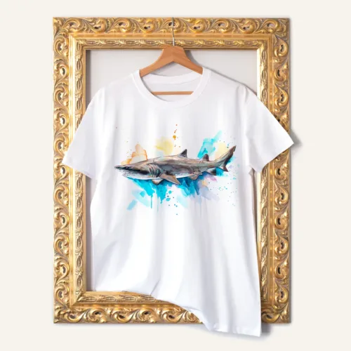 Sand Tiger Shark watercolor painting printed on a white cotton T-shirt by Slaveika Aladjova