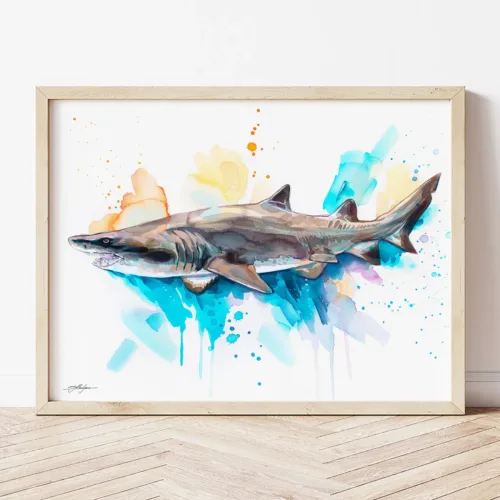 Sand Tiger Shark watercolor painting the artwork on the T-shirt by Slaveika Aladjova