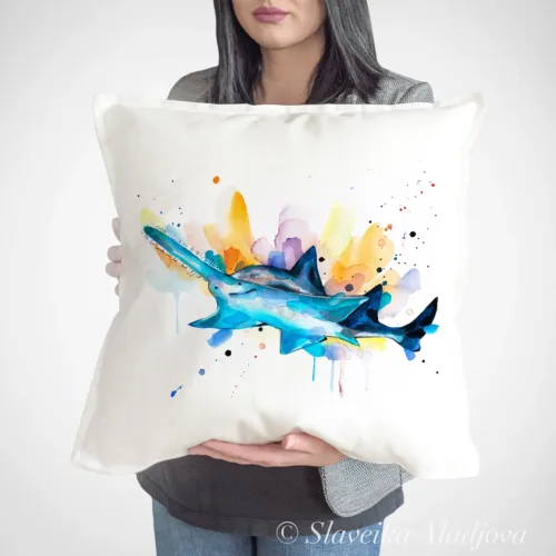 Sawfish Art Pillow Cover, Watercolor Cushion 50 × 50 cm Sawfish watercolor painting printed on a 50 x 50 cm cotton art pillow cover by Slaveika Aladjova