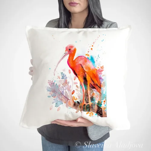 Scarlet Ibis Art Pillow Cover, Watercolor Cushion 50 × 50 cm Scarlet Ibis watercolor painting printed on a 50 x 50 cm cotton art pillow cover by Slaveika Aladjova