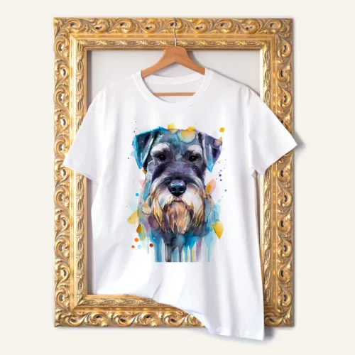 Schnauzer watercolor painting printed on a white cotton T-shirt by Slaveika Aladjova