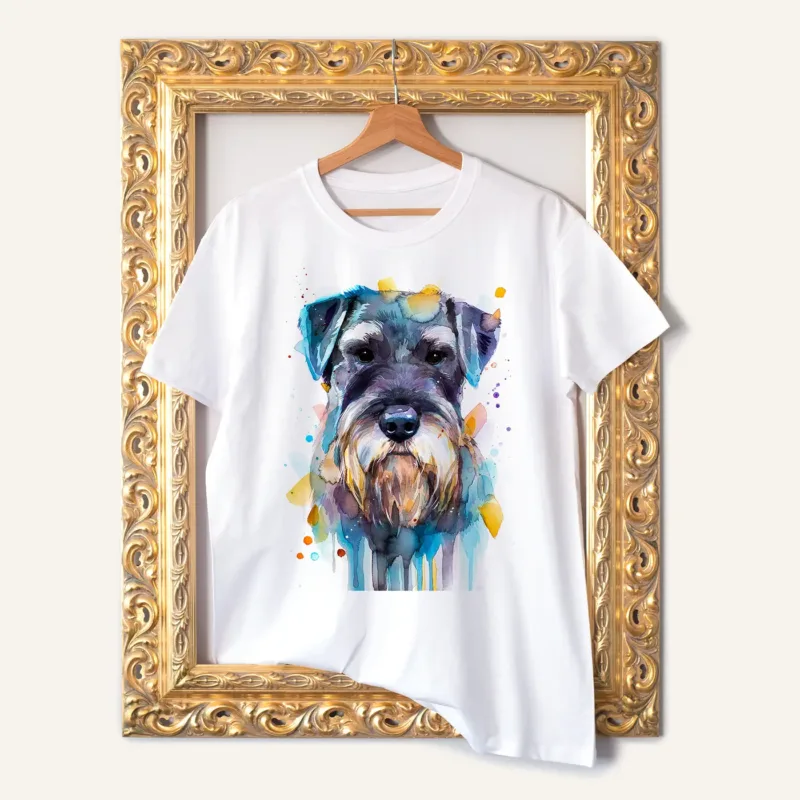 Schnauzer watercolor painting printed on a white cotton T-shirt by Slaveika Aladjova