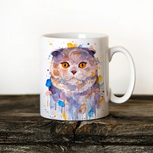 Scottish Fold Cat watercolor painting printed on an 11 oz ceramic art mug by Slaveika Aladjova