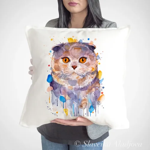 Scottish Fold Cat Art Pillow Cover, Watercolor Cushion 50 × 50 cm Scottish Fold Cat watercolor painting printed on a 50 x 50 cm cotton art pillow cover by Slaveika Aladjova