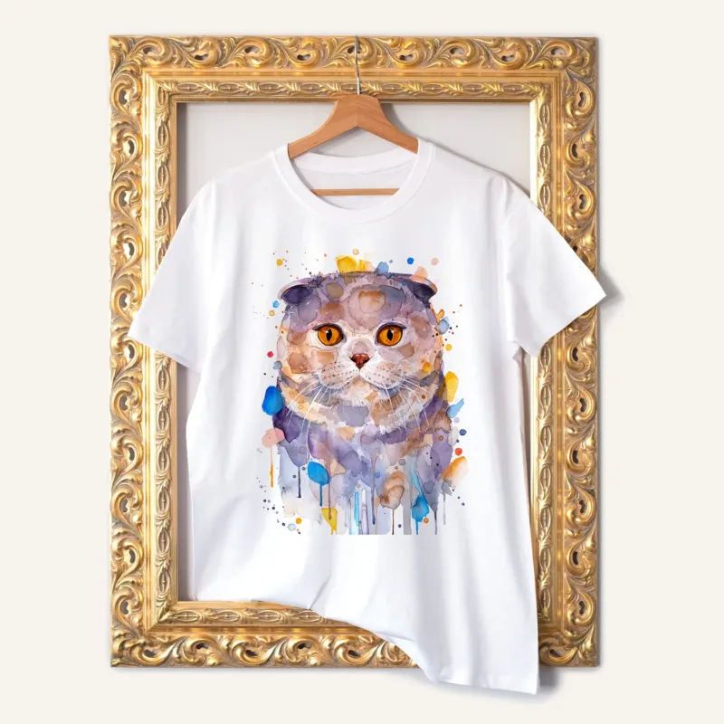 Scottish Fold Cat watercolor painting printed on a white cotton T-shirt by Slaveika Aladjova