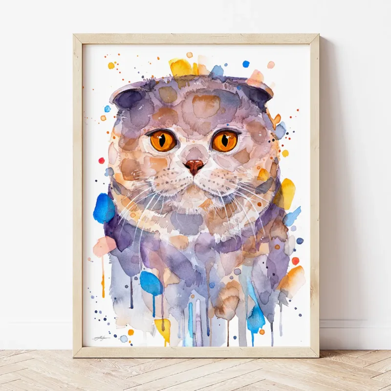 Scottish Fold Cat watercolor painting the artwork on the T-shirt by Slaveika Aladjova