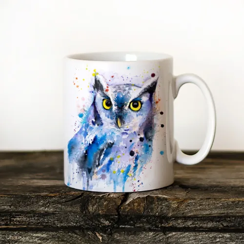 Screech Owl watercolor painting printed on an 11 oz ceramic art mug by Slaveika Aladjova