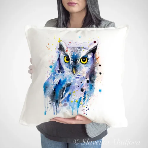 Screech Owl Art Pillow Cover, Watercolor Cushion 50 × 50 cm Screech Owl watercolor painting printed on a 50 x 50 cm cotton art pillow cover by Slaveika Aladjova