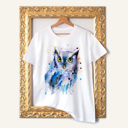 Screech Owl watercolor painting printed on a white cotton T-shirt by Slaveika Aladjova