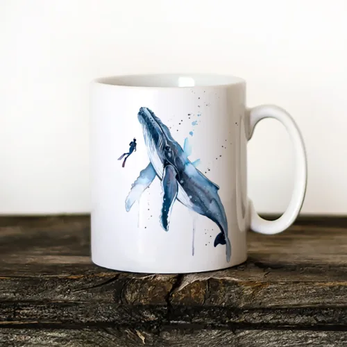 Freediver with Humpback Whale Art Mug, Watercolor Ceramic Mug 11 oz Freediver with Humpback Whale watercolor painting printed on an 11 oz ceramic art mug by Slaveika Aladjova