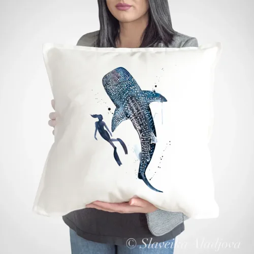 Freediver with Whale Shark Art Pillow Cover, Watercolor Cushion 50 × 50 cm Freediver with Whale Shark watercolor painting printed on a 50 x 50 cm cotton art pillow cover by Slaveika Aladjova
