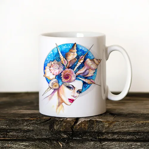 Sea Girl watercolor painting printed on an 11 oz ceramic art mug by Slaveika Aladjova