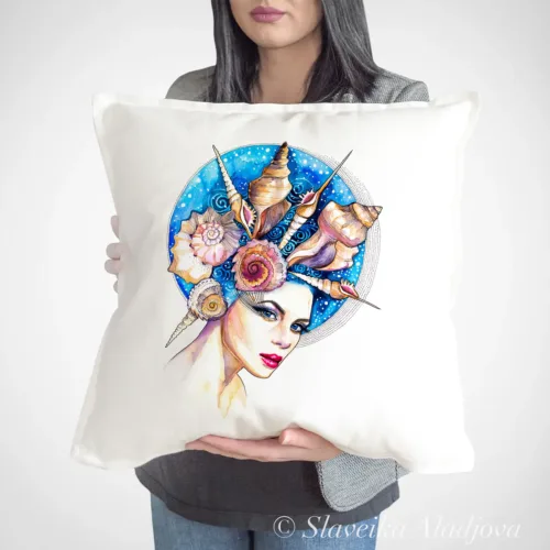 Sea Girl watercolor painting printed on a 50 x 50 cm cotton art pillow cover by Slaveika Aladjova
