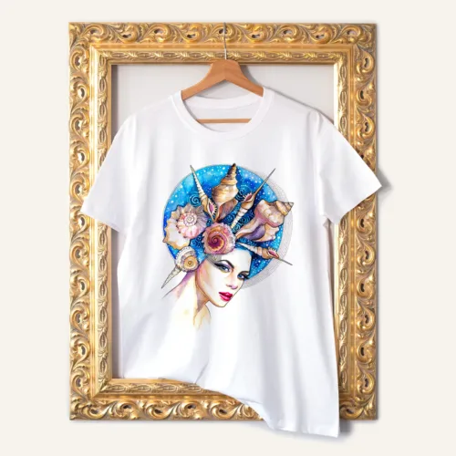 Sea Girl watercolor painting printed on a white cotton T-shirt by Slaveika Aladjova