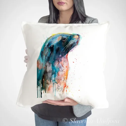 Sea Lion watercolor painting printed on a 50 x 50 cm cotton art pillow cover by Slaveika Aladjova