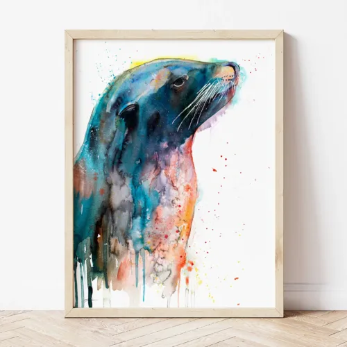 Sea Lion watercolor painting the artwork on the T-shirt by Slaveika Aladjova