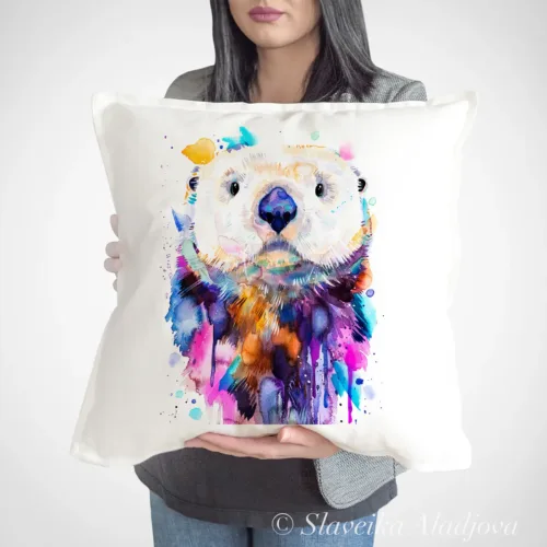 Sea Otter watercolor painting printed on a 50 x 50 cm cotton art pillow cover by Slaveika Aladjova