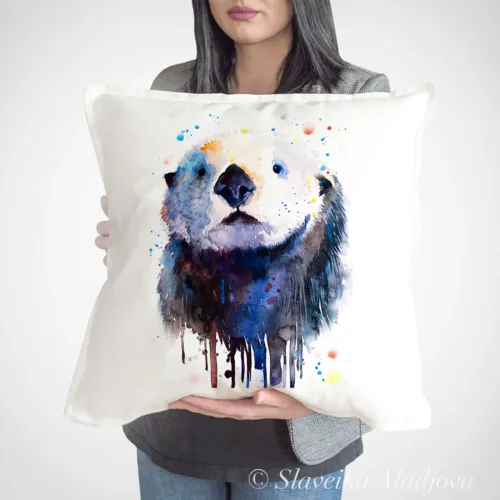 Sea Otter Face Art Pillow Cover, Watercolor Cushion 50 × 50 cm Sea Otter Face watercolor painting printed on a 50 x 50 cm cotton art pillow cover by Slaveika Aladjova