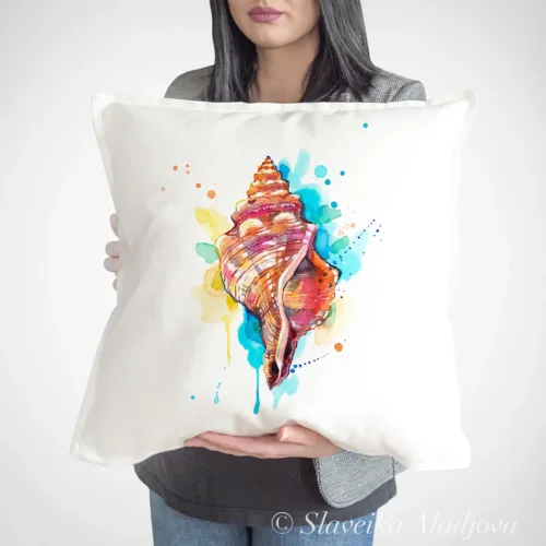 Seashell Art Pillow Cover, Watercolor Cushion 50 × 50 cm Seashell watercolor painting printed on a 50 x 50 cm cotton art pillow cover by Slaveika Aladjova