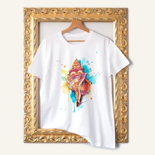 Seashell T-Shirt, Watercolor Art Tee Seashell watercolor painting printed on a white cotton T-shirt by Slaveika Aladjova