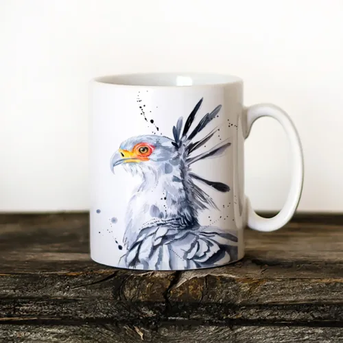 Secretary Bird watercolor painting printed on an 11 oz ceramic art mug by Slaveika Aladjova