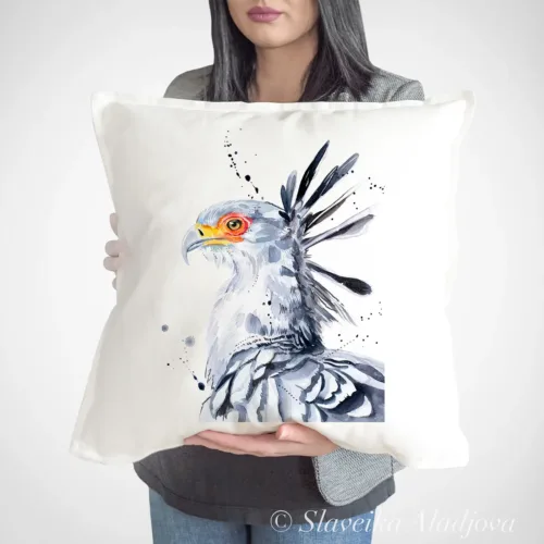Secretary Bird Art Pillow Cover, Watercolor Cushion 50 × 50 cm Secretary Bird watercolor painting printed on a 50 x 50 cm cotton art pillow cover by Slaveika Aladjova