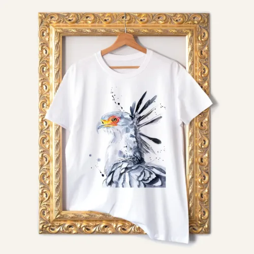 Secretary Bird T-Shirt, Watercolor Art Tee Secretary Bird watercolor painting printed on a white cotton T-shirt by Slaveika Aladjova
