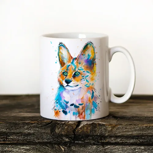 Serval watercolor painting printed on an 11 oz ceramic art mug by Slaveika Aladjova