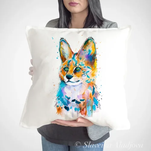 Serval Art Pillow Cover, Watercolor Cushion 50 × 50 cm Serval watercolor painting printed on a 50 x 50 cm cotton art pillow cover by Slaveika Aladjova