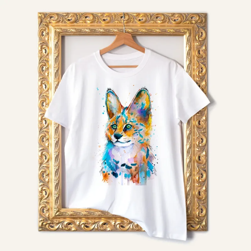 Serval watercolor painting printed on a white cotton T-shirt by Slaveika Aladjova
