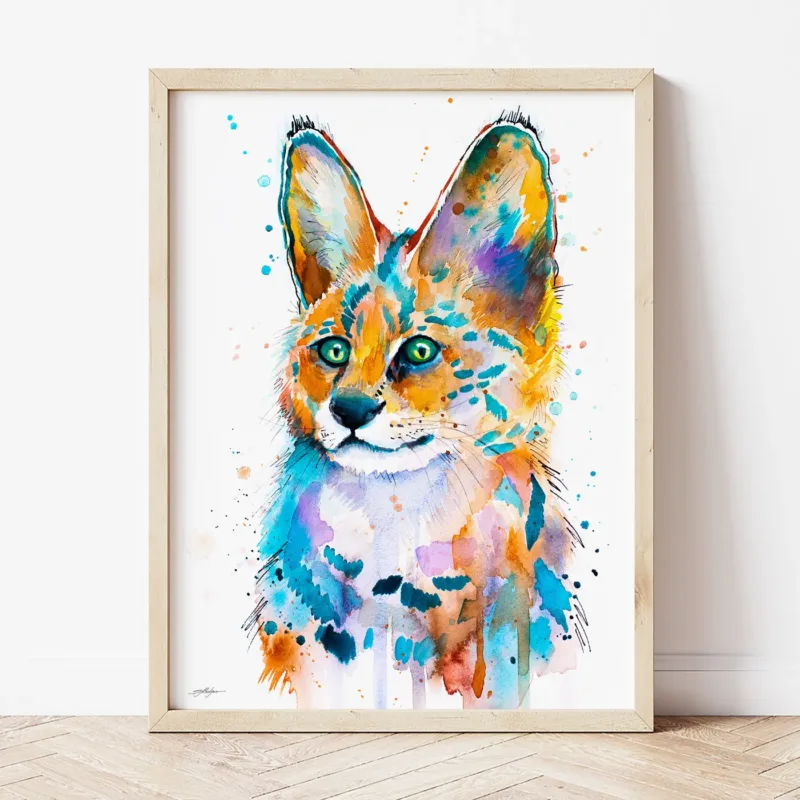 Serval watercolor painting the artwork on the T-shirt by Slaveika Aladjova