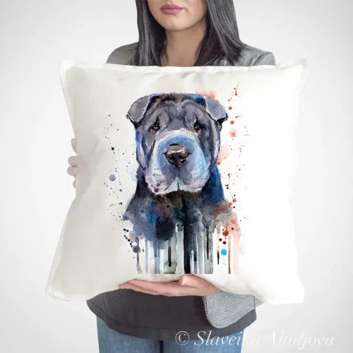 Shar Pei watercolor painting printed on a 50 x 50 cm cotton art pillow cover by Slaveika Aladjova