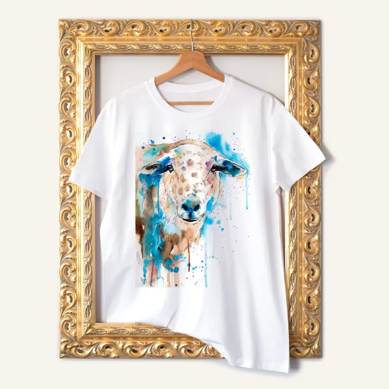 Sheep watercolor painting printed on a white cotton T-shirt by Slaveika Aladjova
