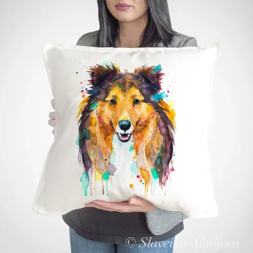 Sheltie Art Pillow Cover, Watercolor Cushion 50 × 50 cm Sheltie watercolor painting printed on a 50 x 50 cm cotton art pillow cover by Slaveika Aladjova
